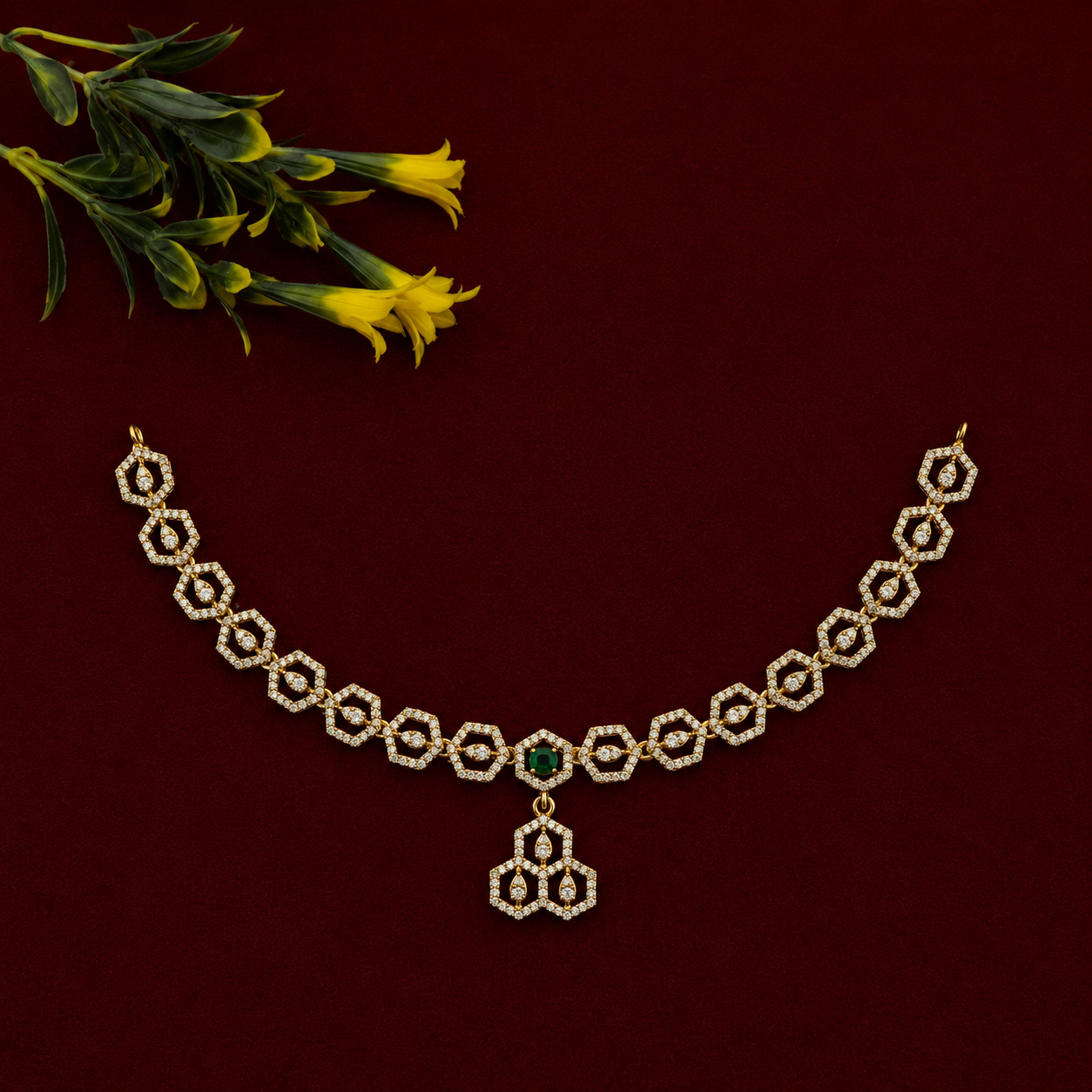 Hexagon CZ Green Stone Necklace Set