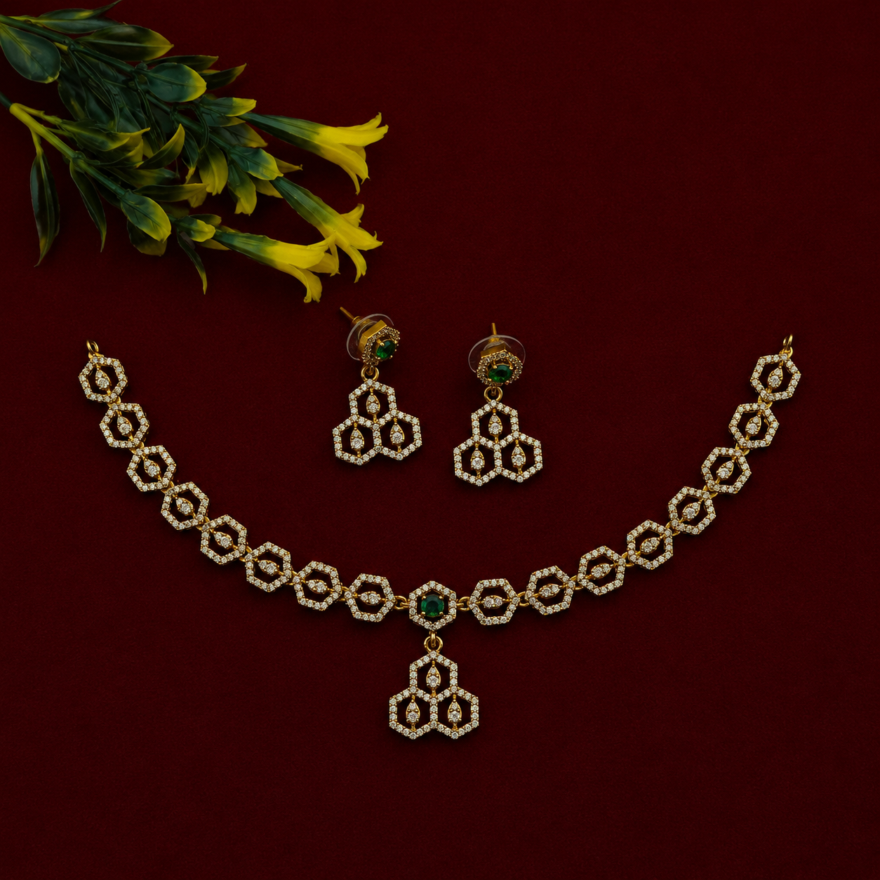 Hexagon CZ Green Stone Necklace Set