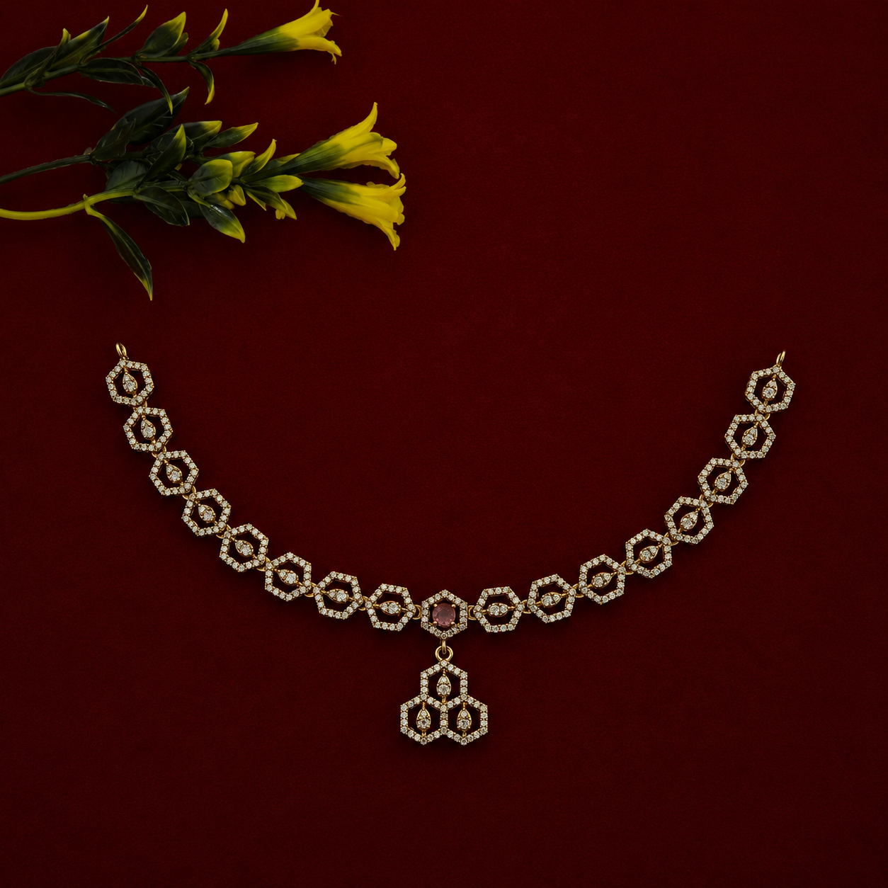 Hexagon CZ Champagne Stone Necklace Set