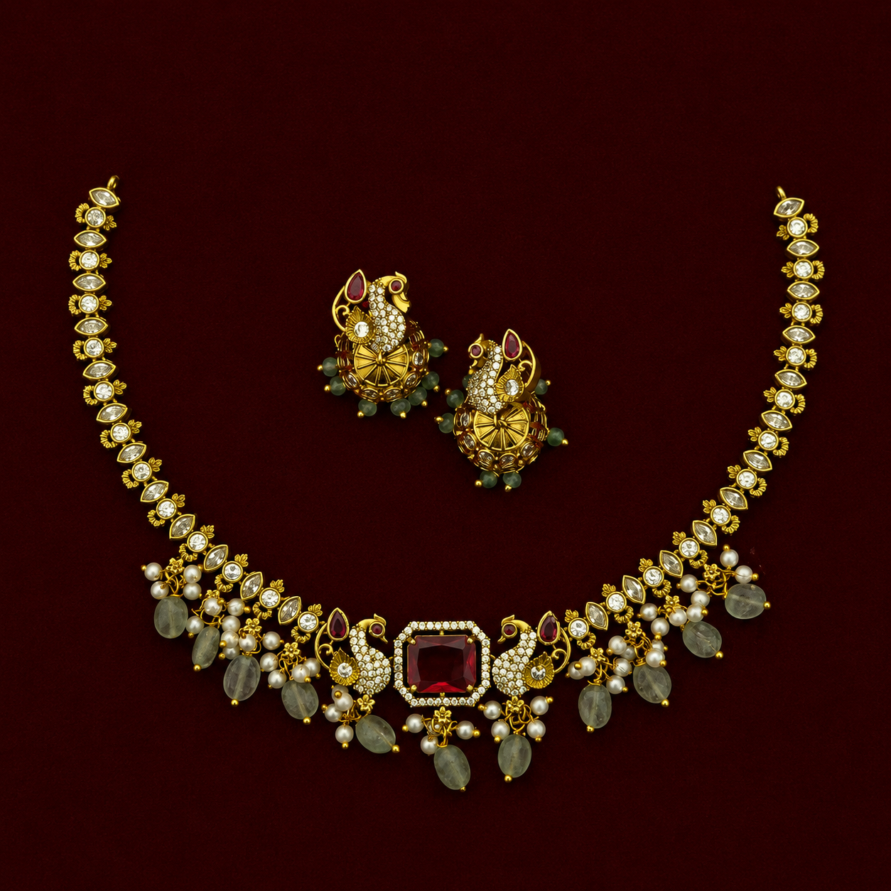 Peacock Kundan Ruby CZ Choker Set