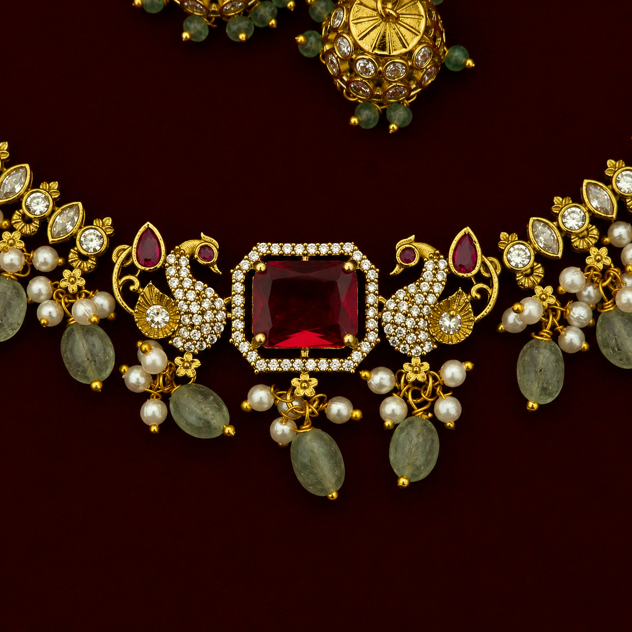 Peacock Kundan Ruby CZ Choker Set