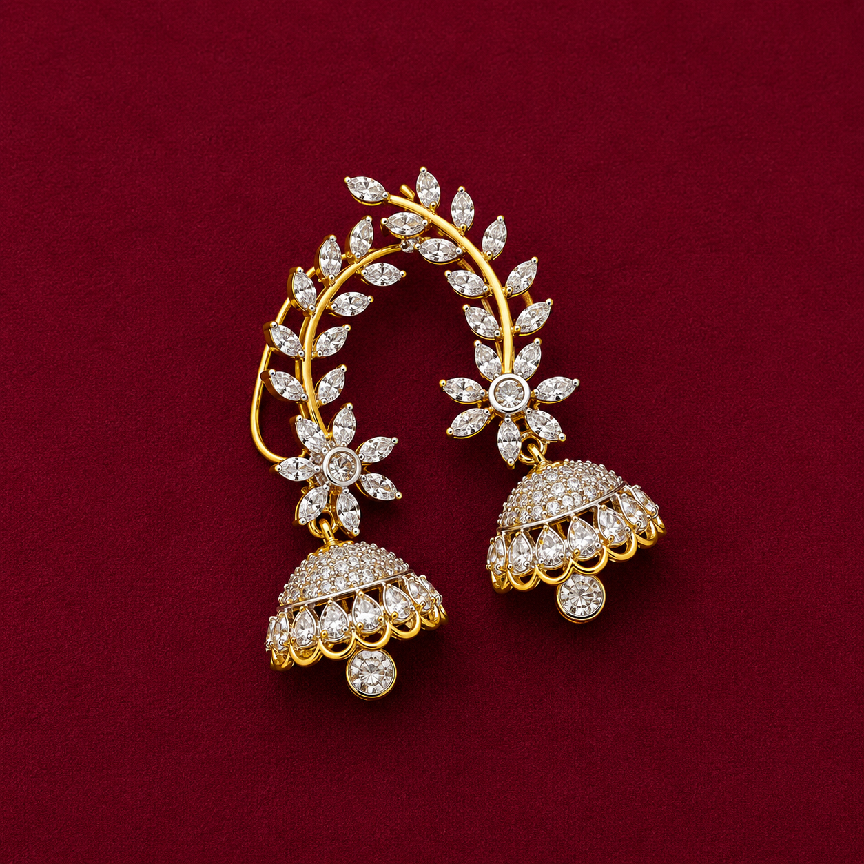 Floral Leaf CZ Jhumka Earrings