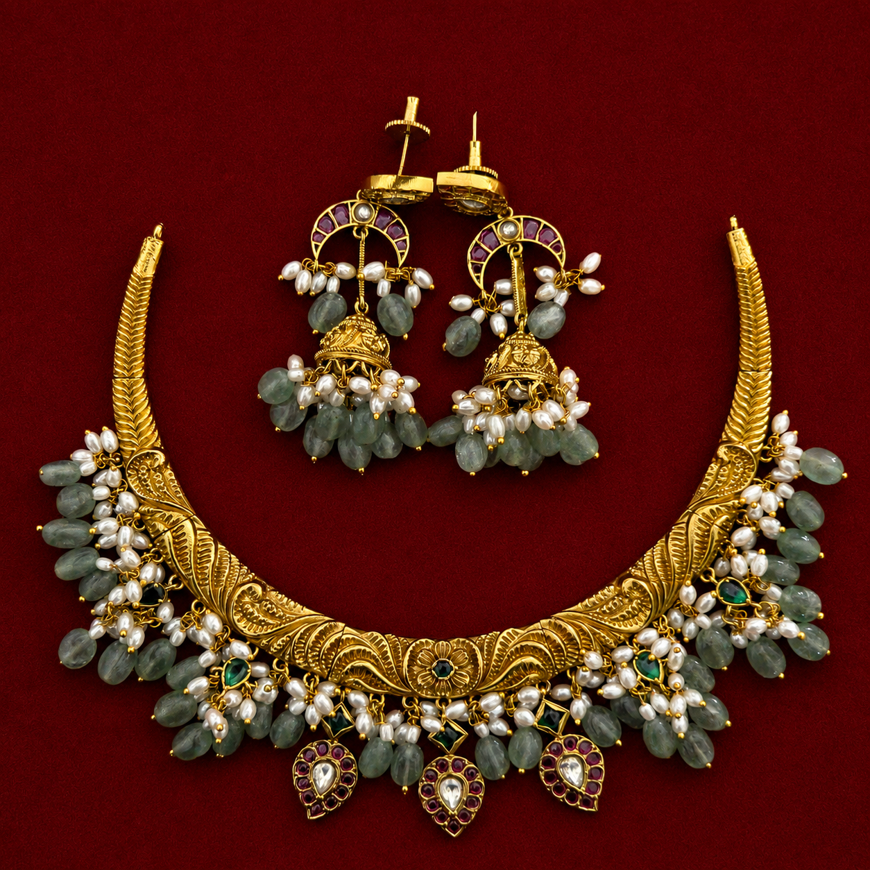 Green Bead Temple Choker Necklace Set