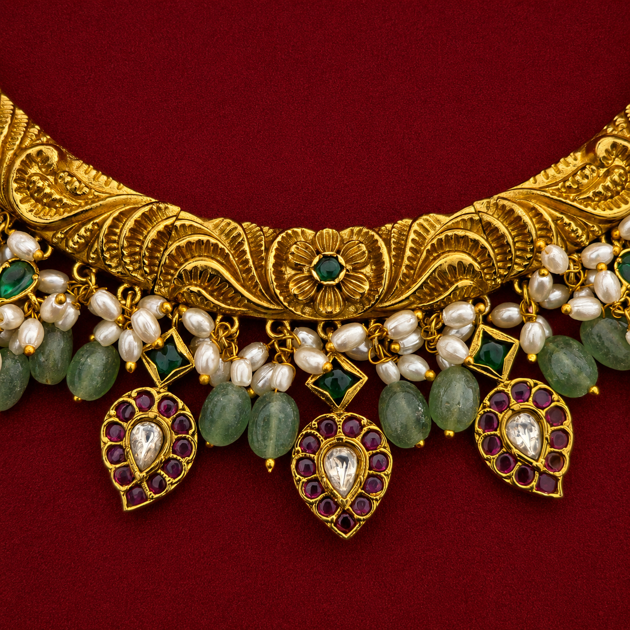Green Bead Temple Choker Necklace Set