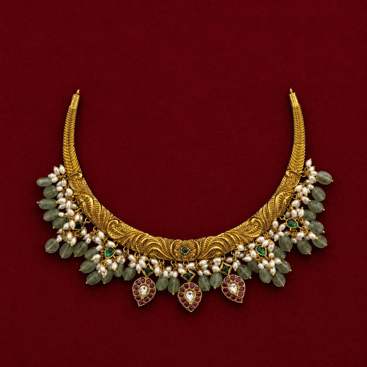 Green Bead Temple Choker Necklace Set
