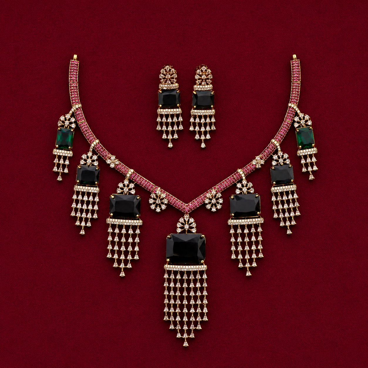 Emerald Green Cryatal Hanger CZ Drop Necklace Set