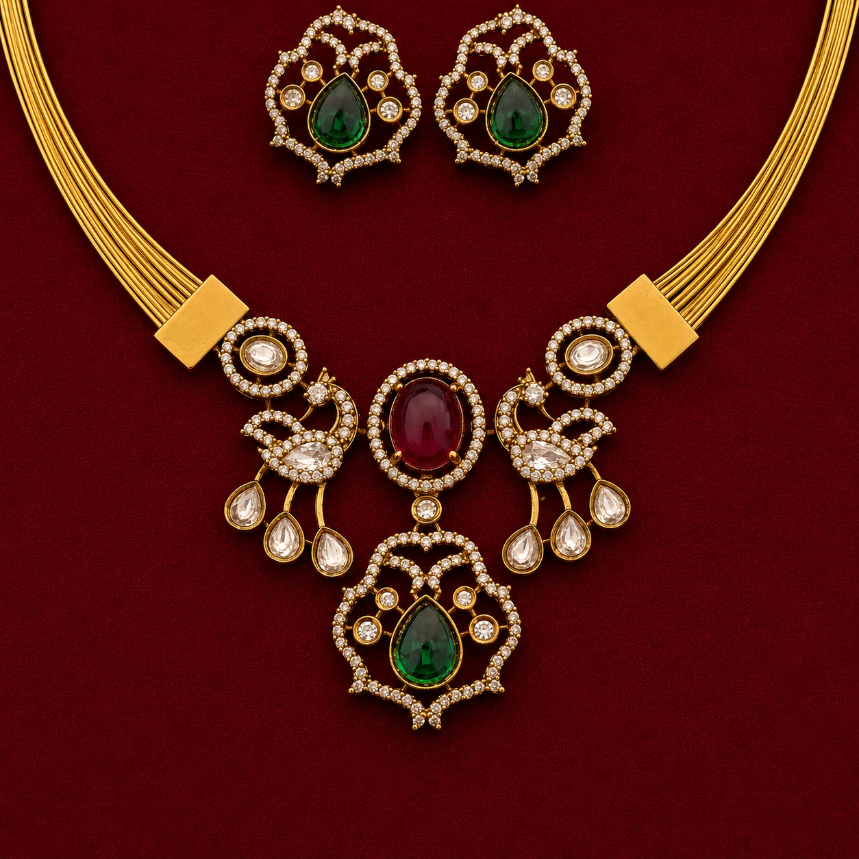 Peacock Ruby Emerald Necklace Set