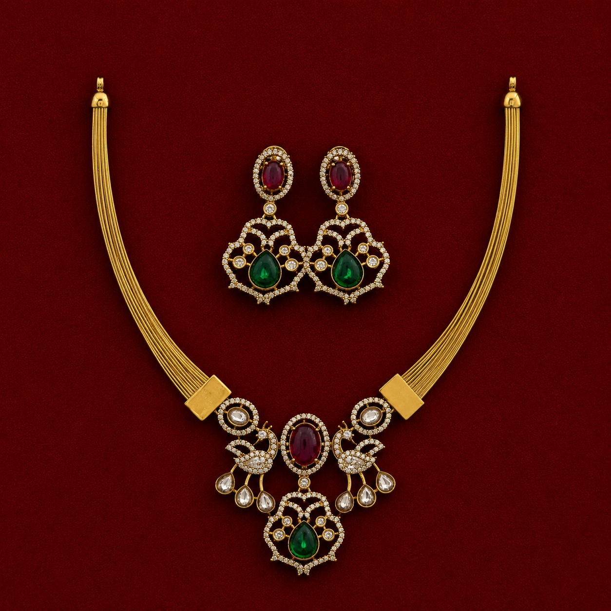 Peacock Ruby Emerald Necklace Set