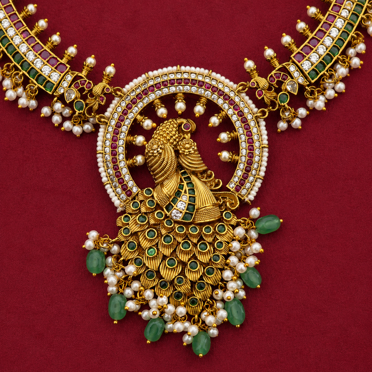 Grandeur Peacock Thoha Designer Hasli  Neckpiece Set with Pearl Drop and Statement Earrings