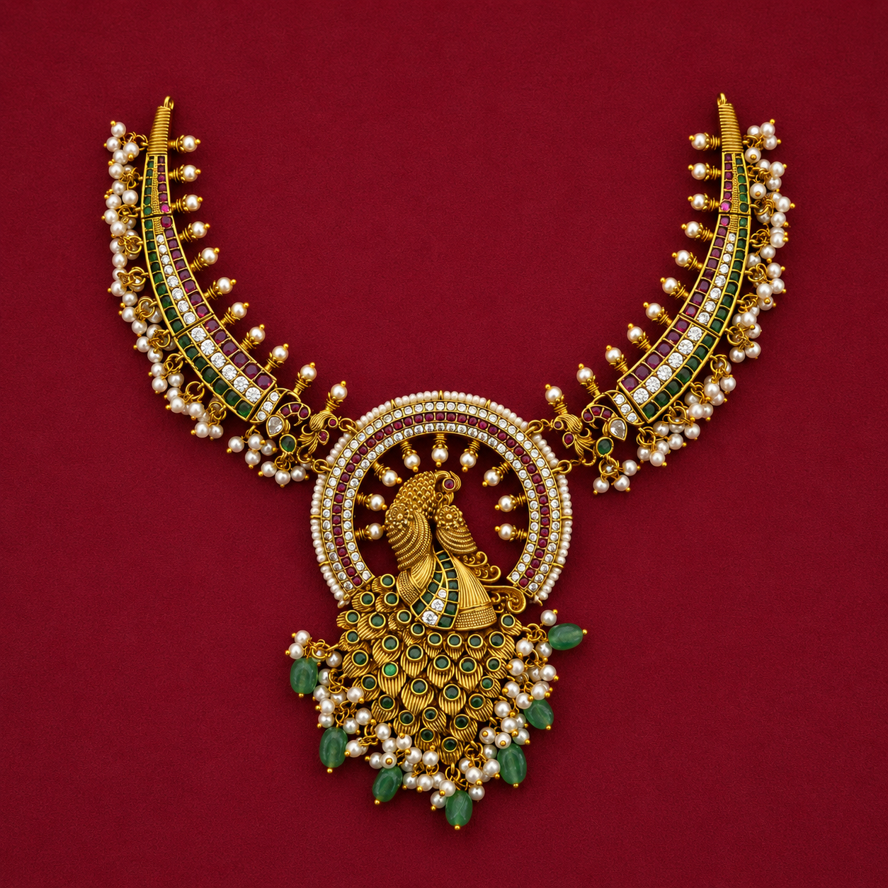 Grandeur Peacock Thoha Designer Hasli  Neckpiece Set with Pearl Drop and Statement Earrings