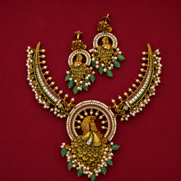 Grandeur Peacock Thoha Designer Hasli  Neckpiece Set with Pearl Drop and Statement Earrings