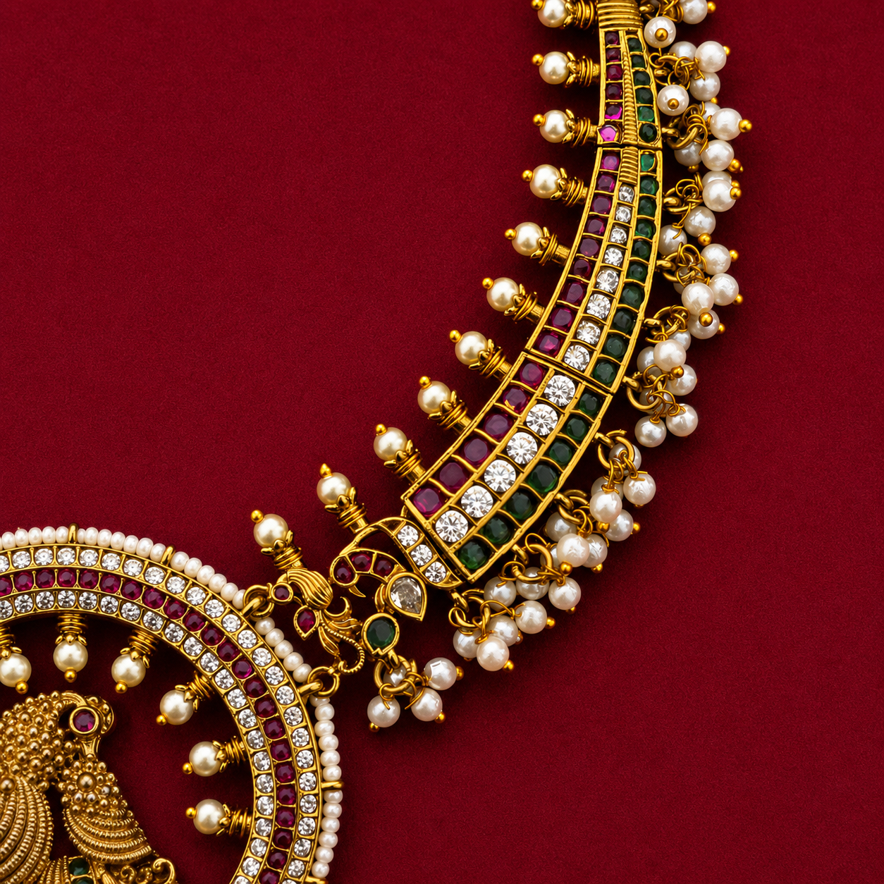 Grandeur Peacock Thoha Designer Hasli  Neckpiece Set with Pearl Drop and Statement Earrings