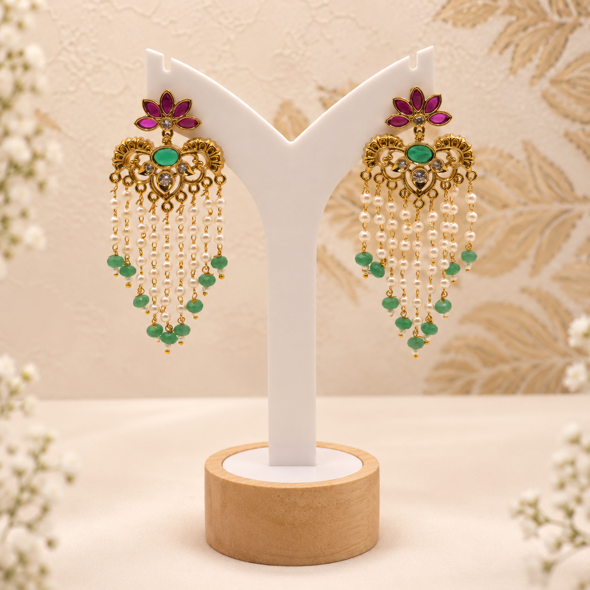 Green Ruby Pearl Drop Earrings