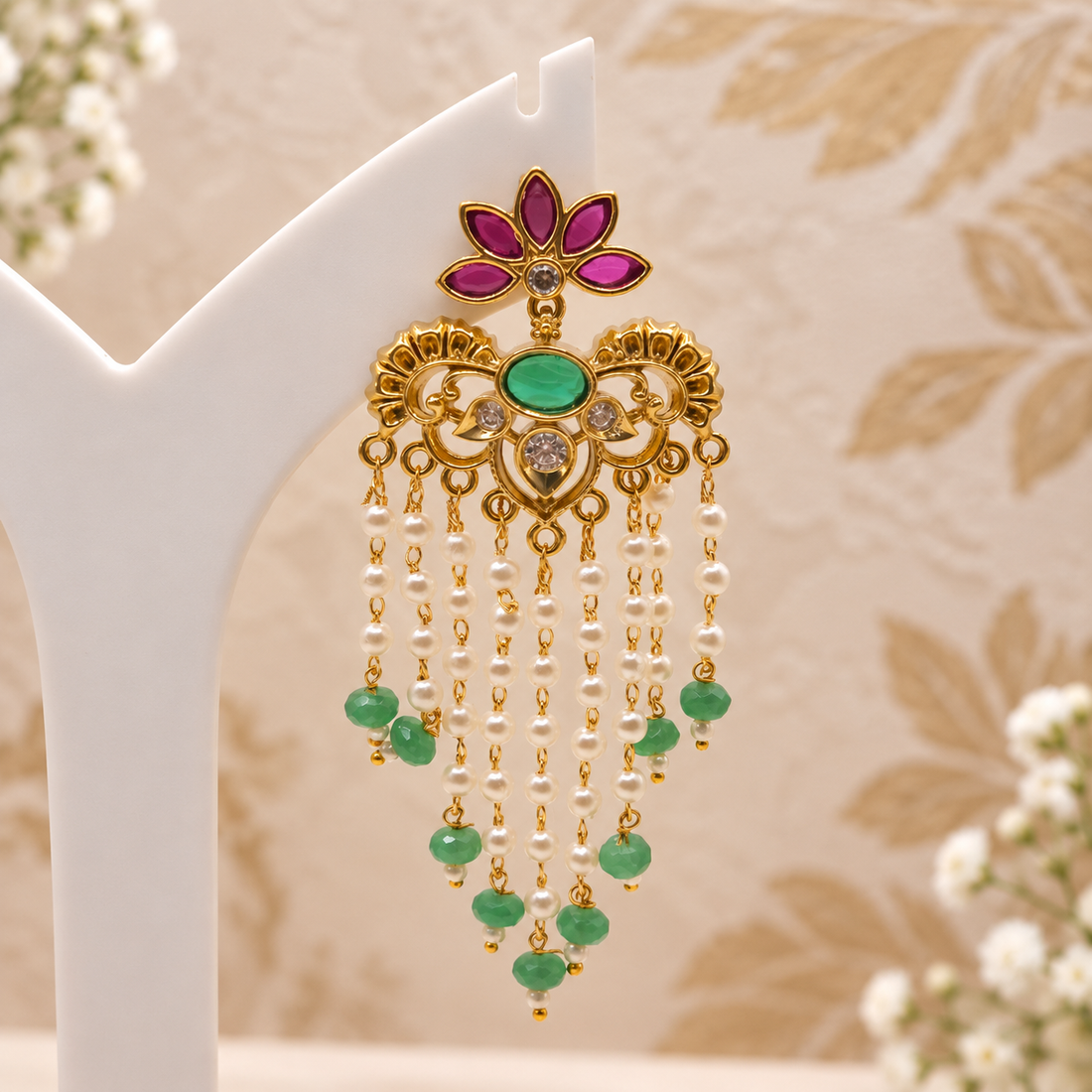 Green Ruby Pearl Drop Earrings