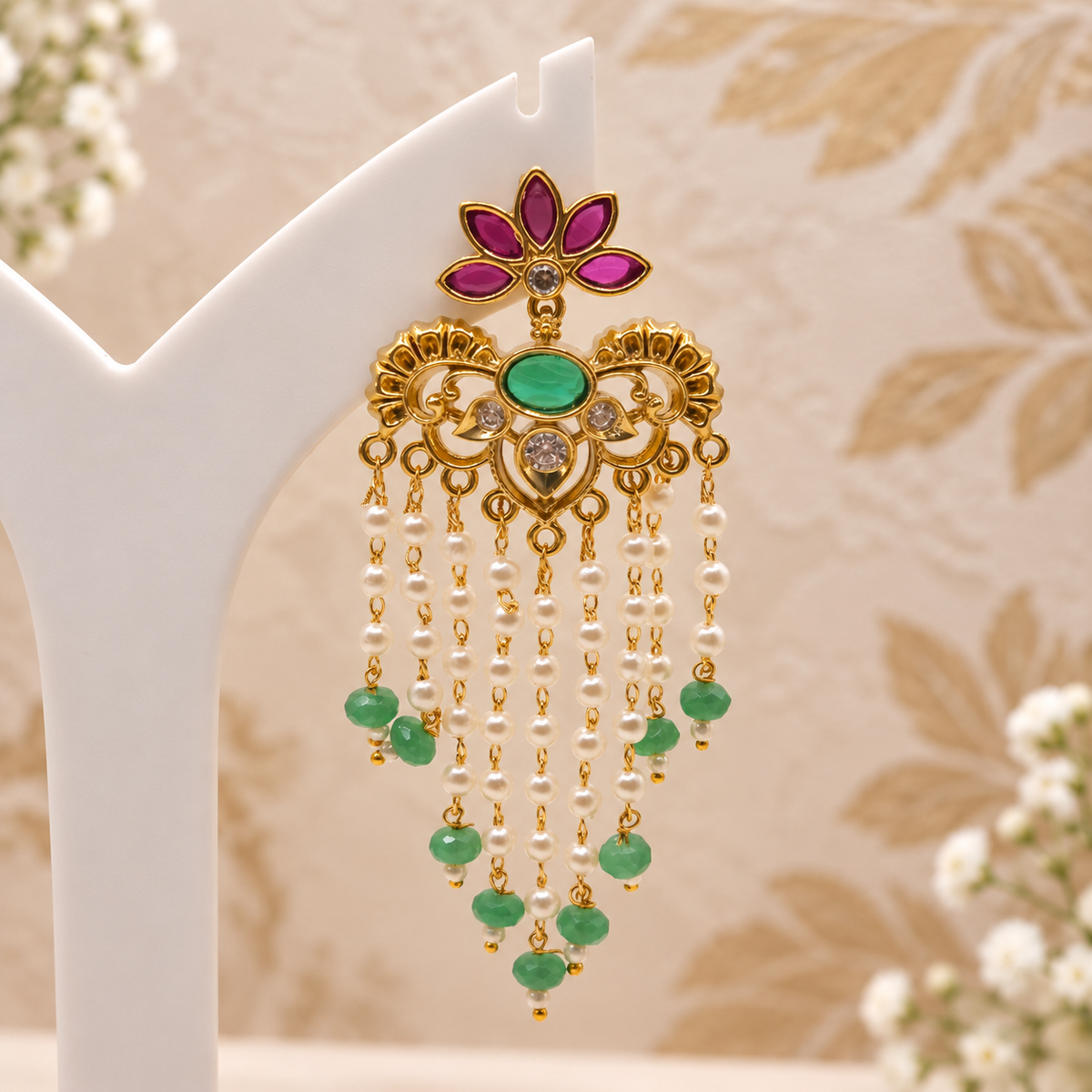 Green Ruby Pearl Drop Earrings