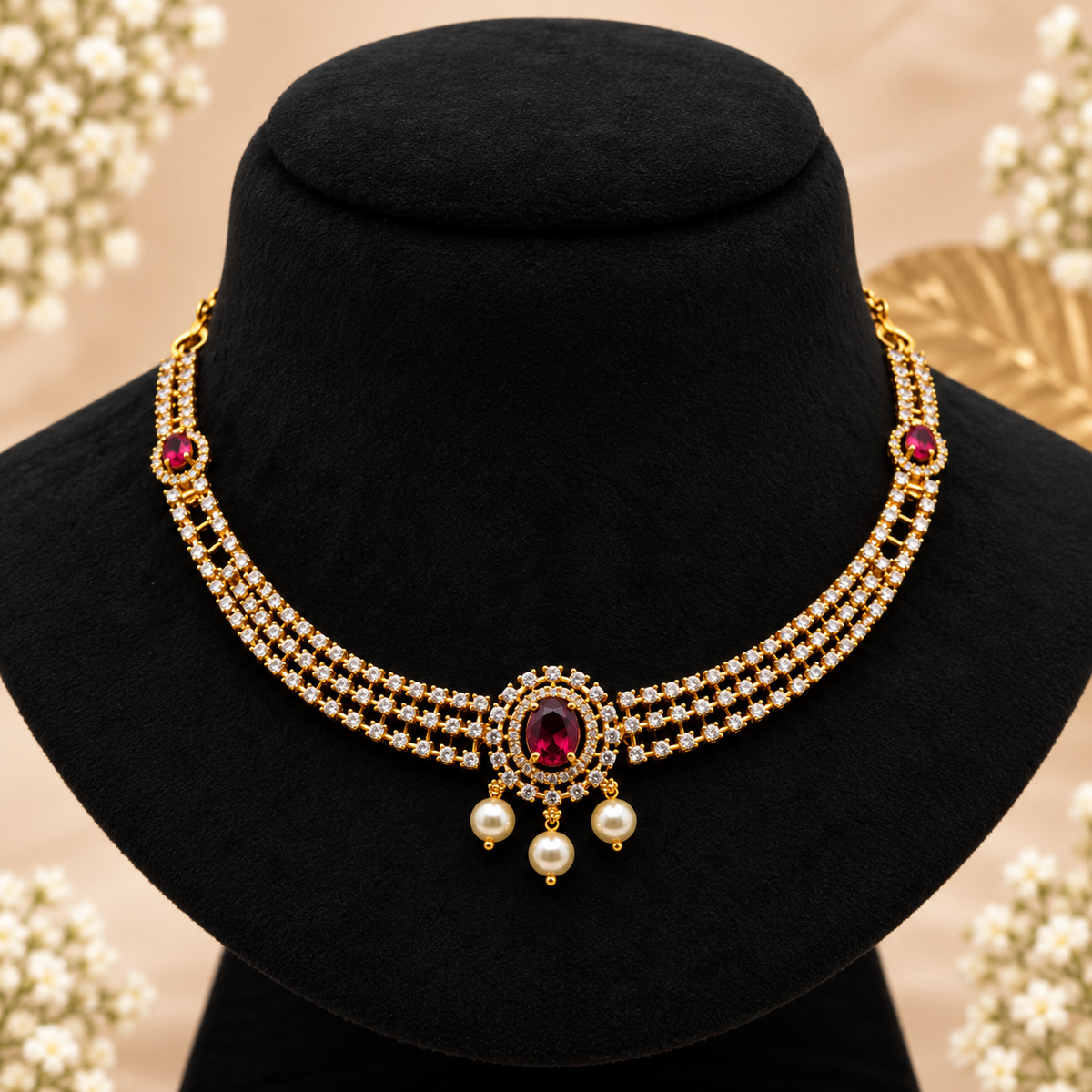 Ruby Pearl Necklace Set