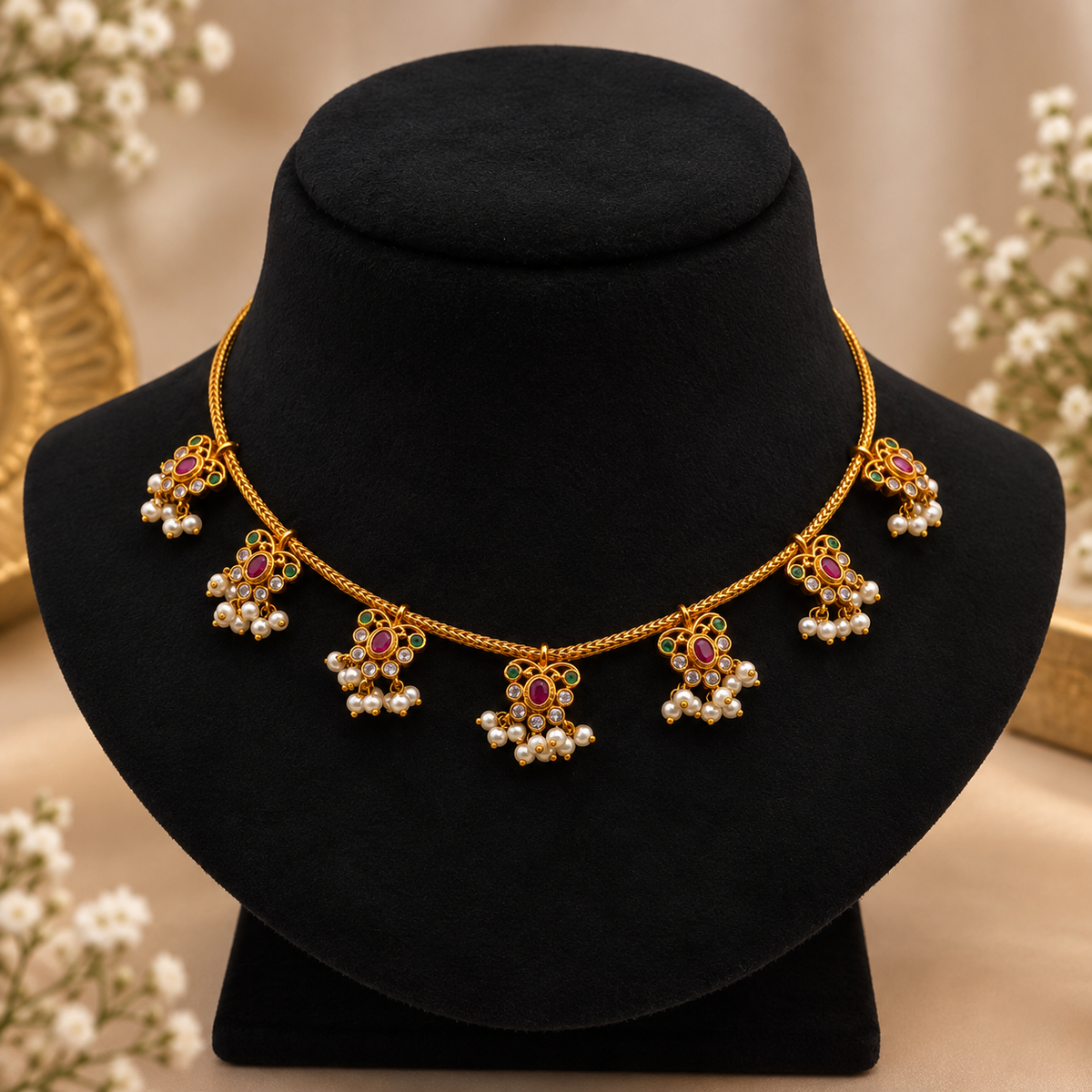 Ruby Green Pearl Necklace Set