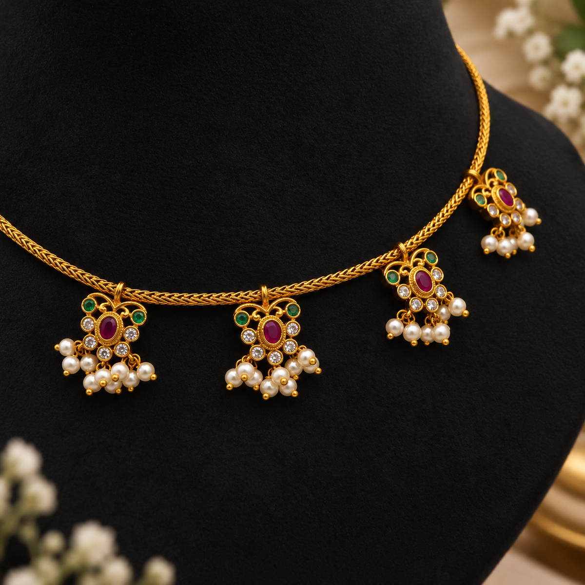 Ruby Green Pearl Necklace Set