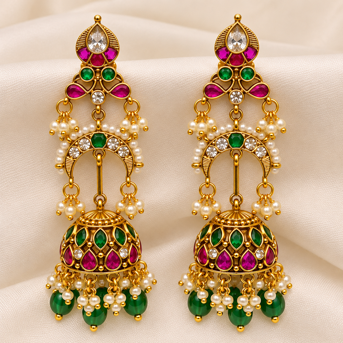 Emerald Ruby Long Jhumka Earrings