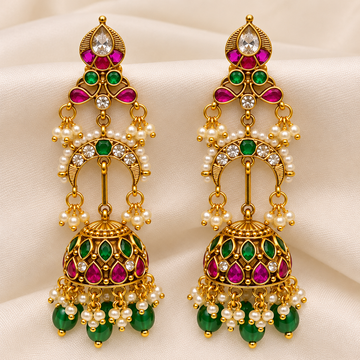 Emerald Ruby Long Jhumka Earrings