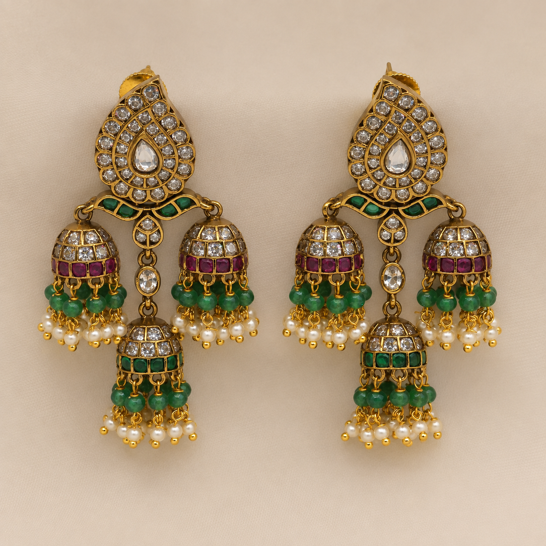 Emerald Ruby Triple Jhumka Earrings