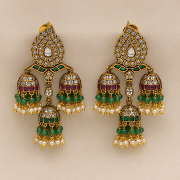 Emerald Ruby Triple Jhumka Earrings
