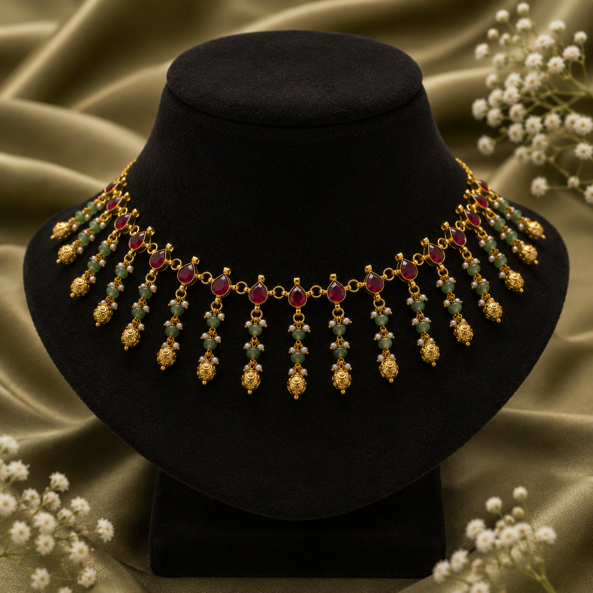 Ruby Green Beaded Necklace Set
