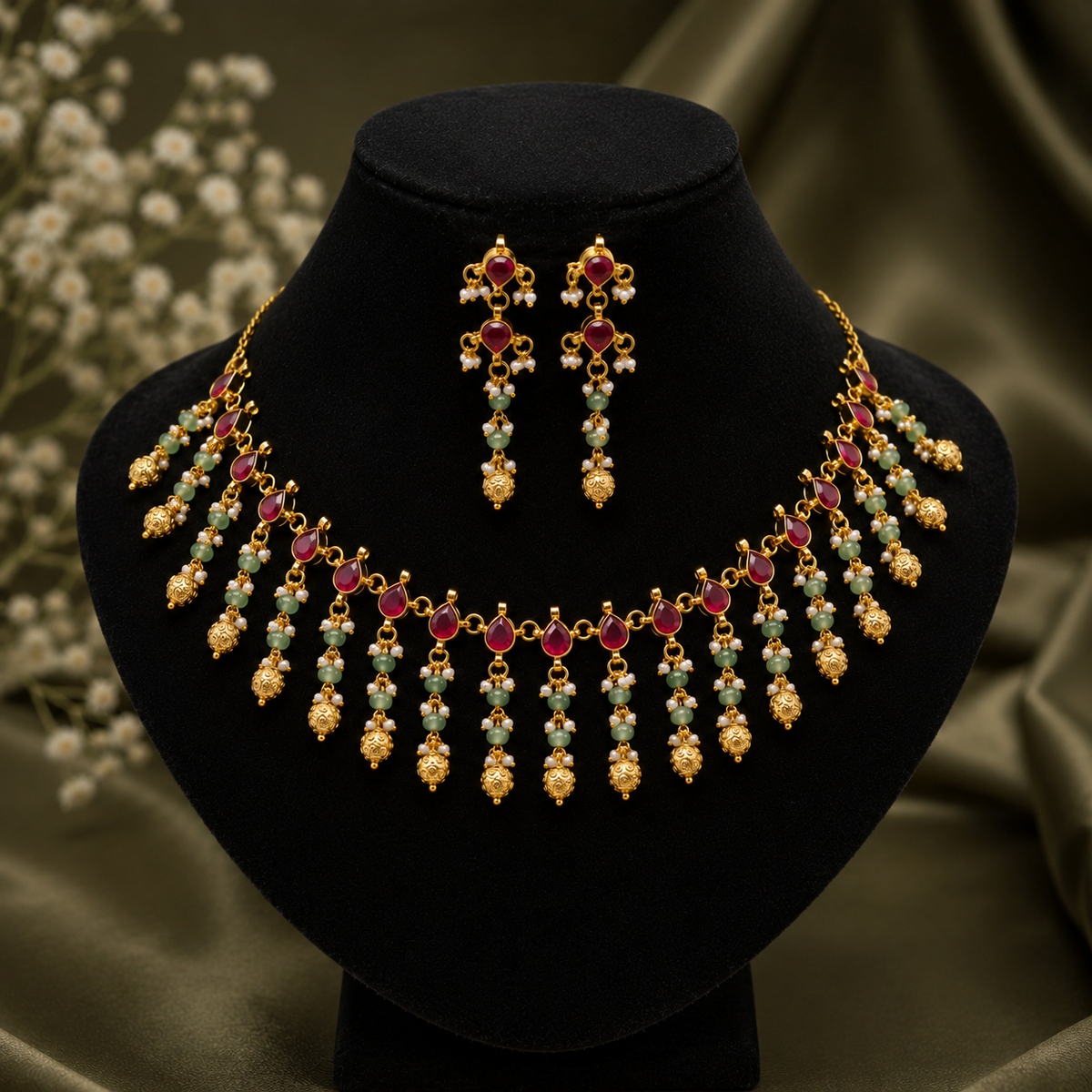 Ruby Green Beaded Necklace Set