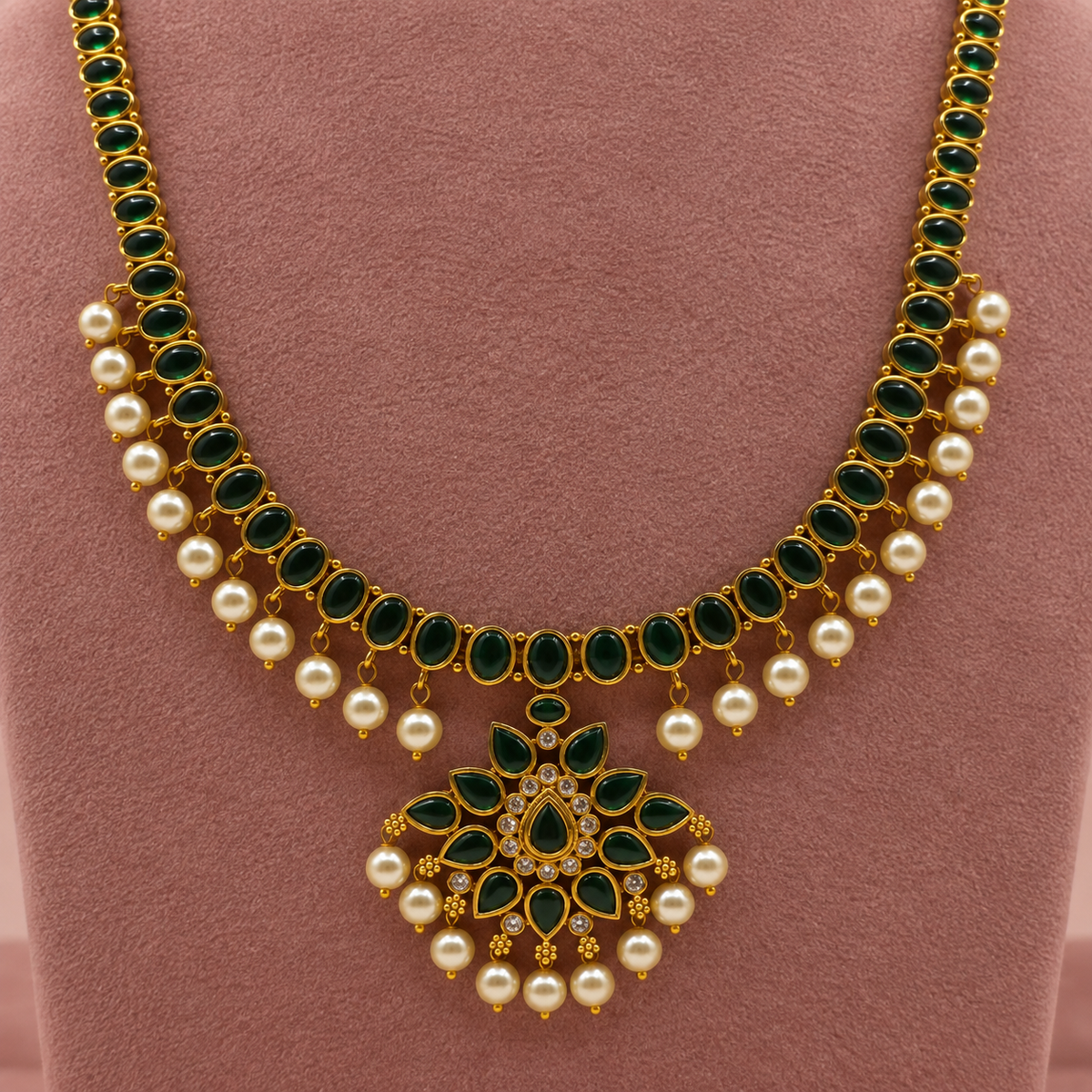 Emerald Pearl Long Necklace Set