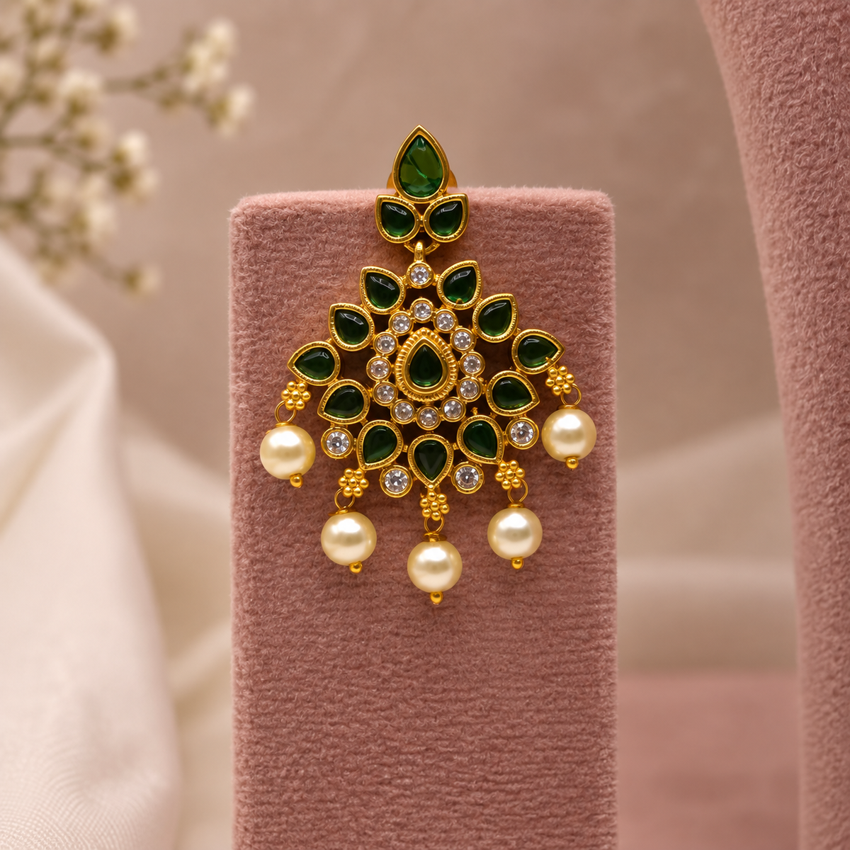 Emerald Pearl Long Necklace Set