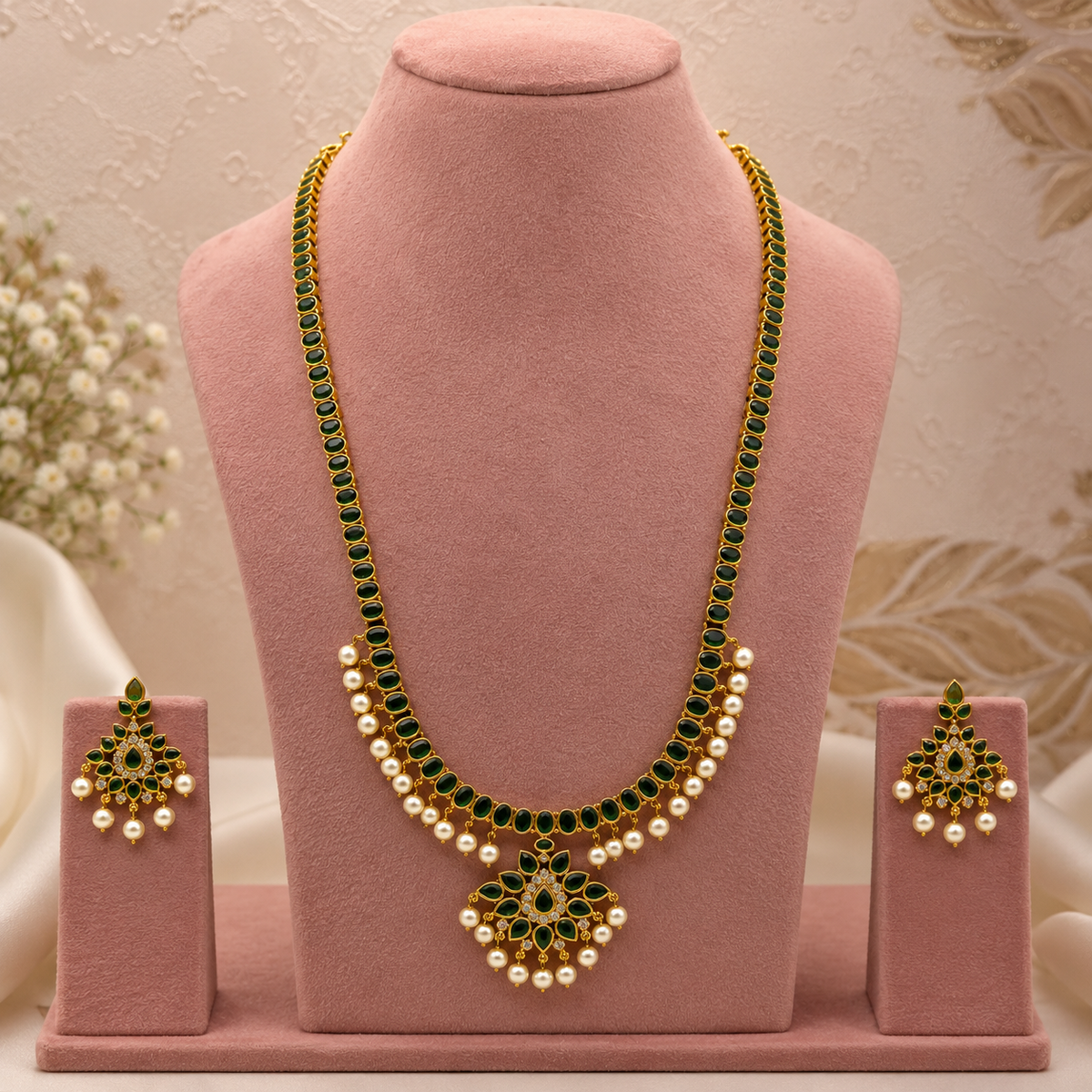 Emerald Pearl Long Necklace Set