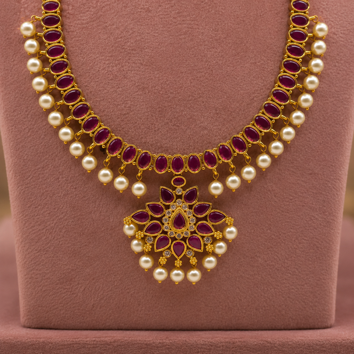 Ruby Pearl Long Necklace Set