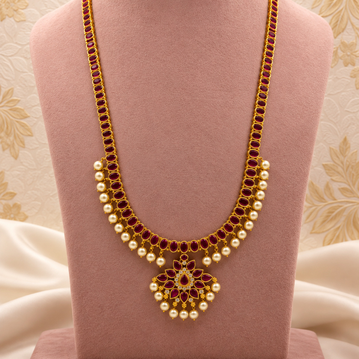 Ruby Pearl Long Necklace Set