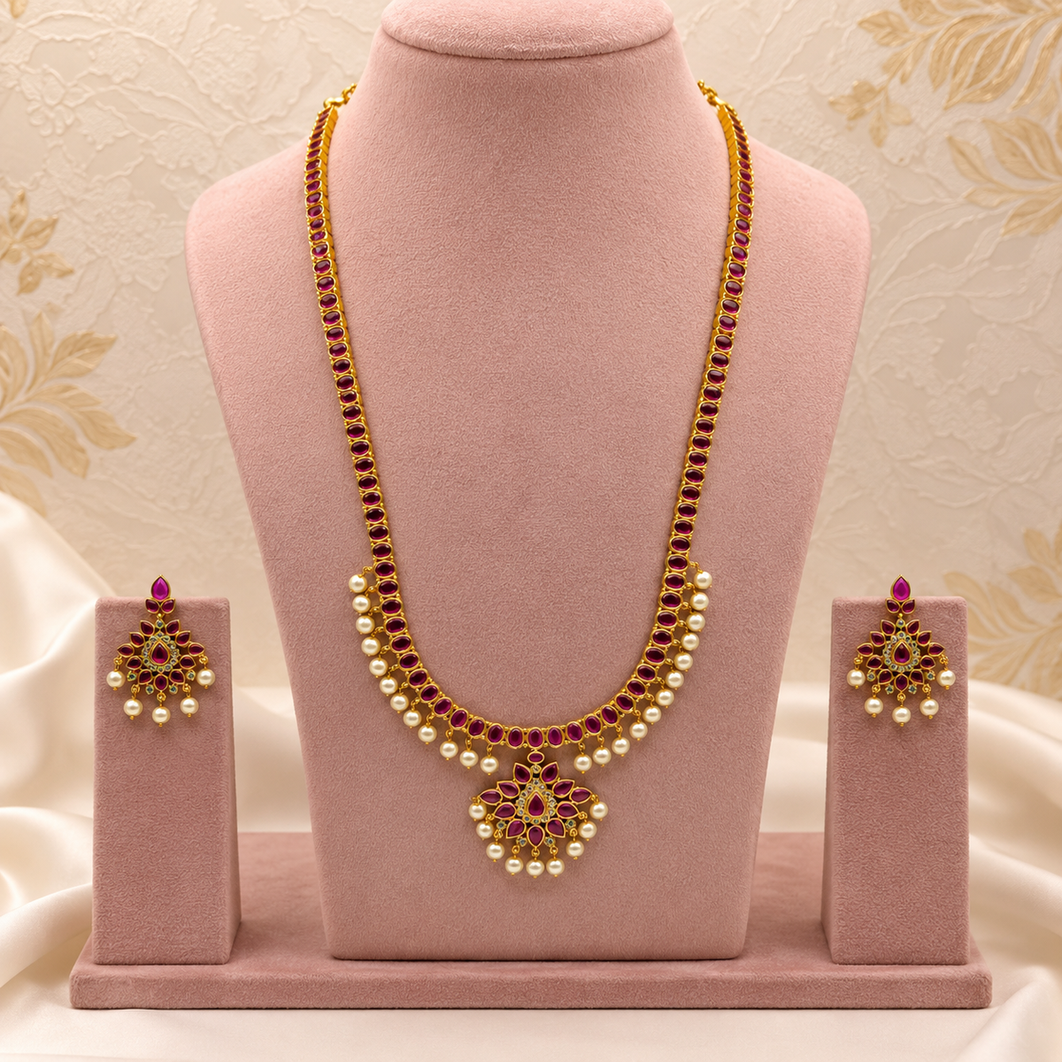 Ruby Pearl Long Necklace Set