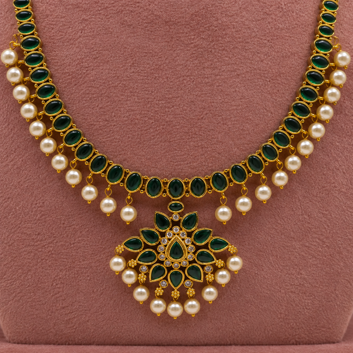 Emerald Pearl Long Necklace Set