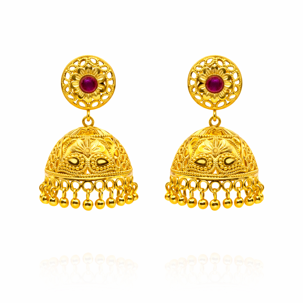 Floral Filigree Ruby Jhumka