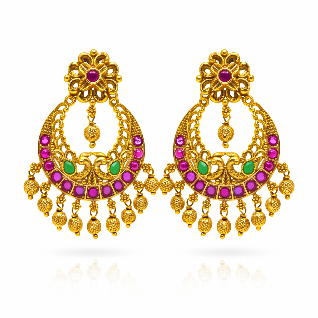 Floral Ruby Emerald Gold Drop Chandbali