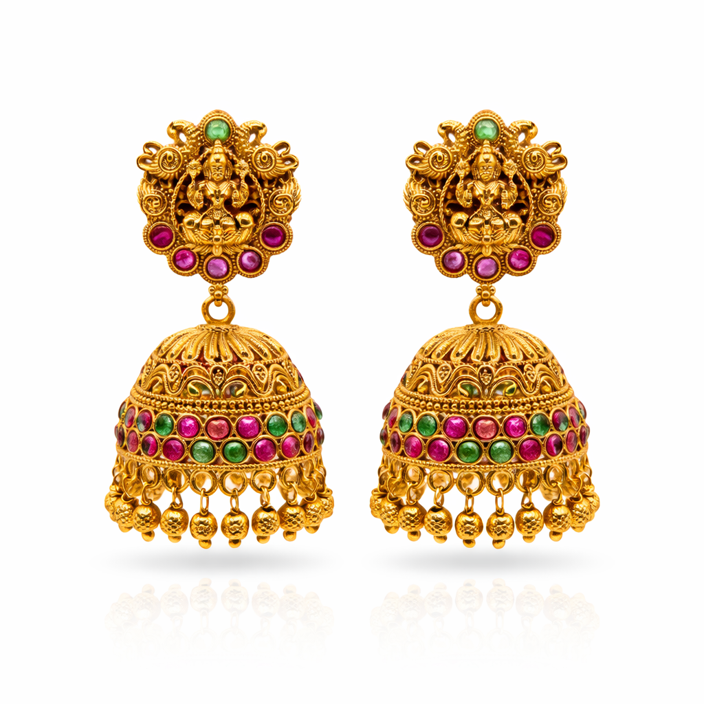 Lakshmi Temple Jhumka Earrings (Ruby & Emerald)