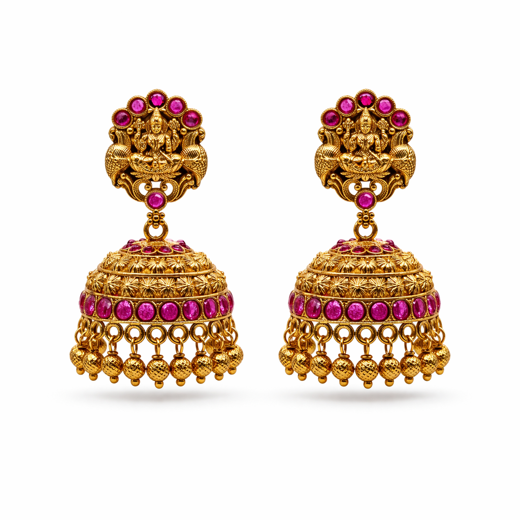 Lakshmi Temple Tiered Jhumka Earrings (Ruby)