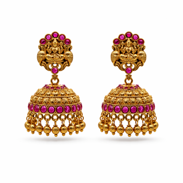 Lakshmi Temple Tiered Jhumka Earrings (Ruby)