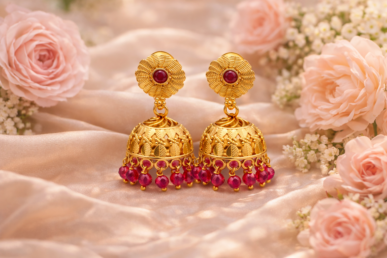 Antique Ruby Blossom Jhumka Earrings (Small)