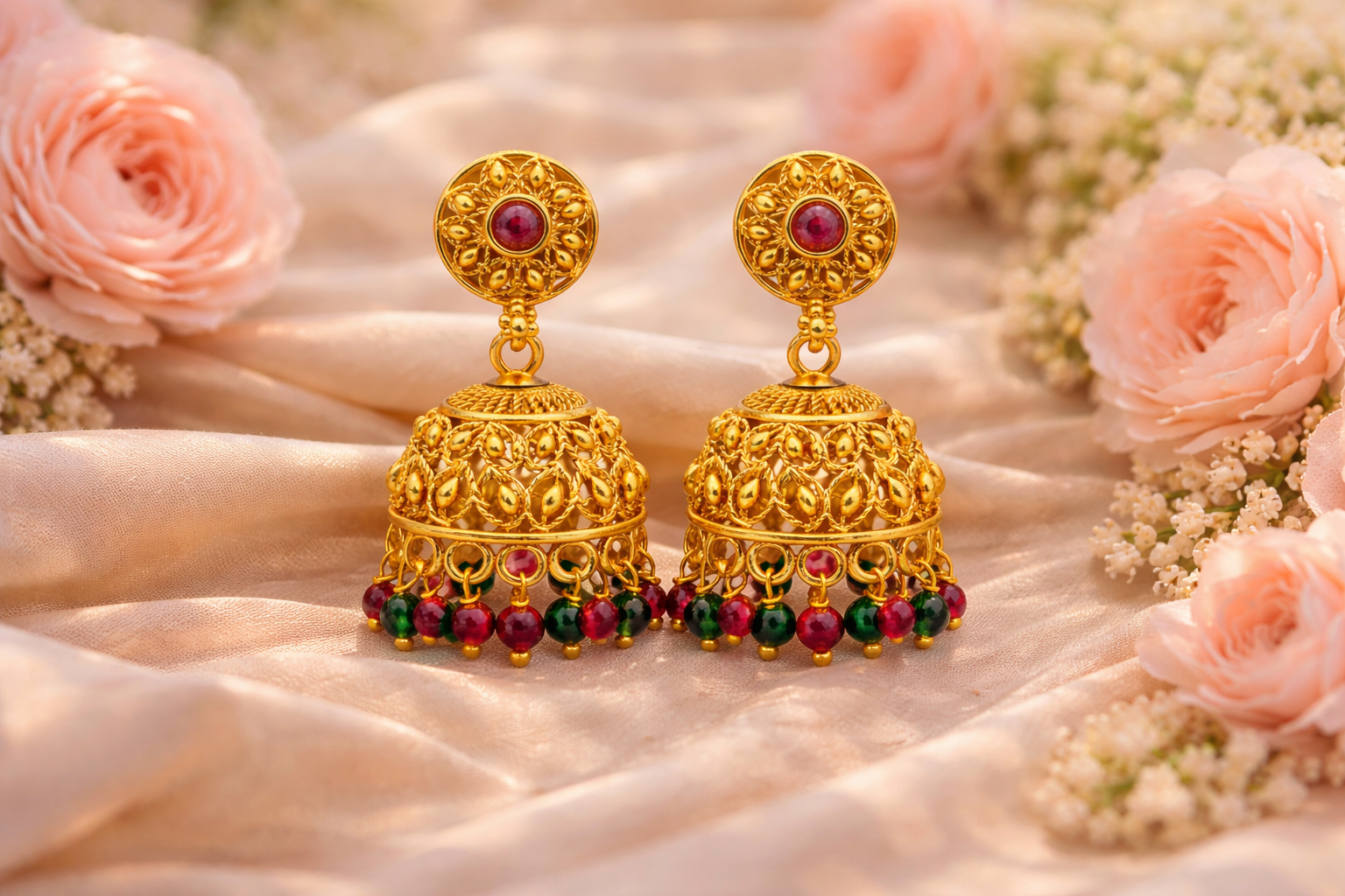 Antique Ruby Emerald Bead Jhumka Earrings (Small)
