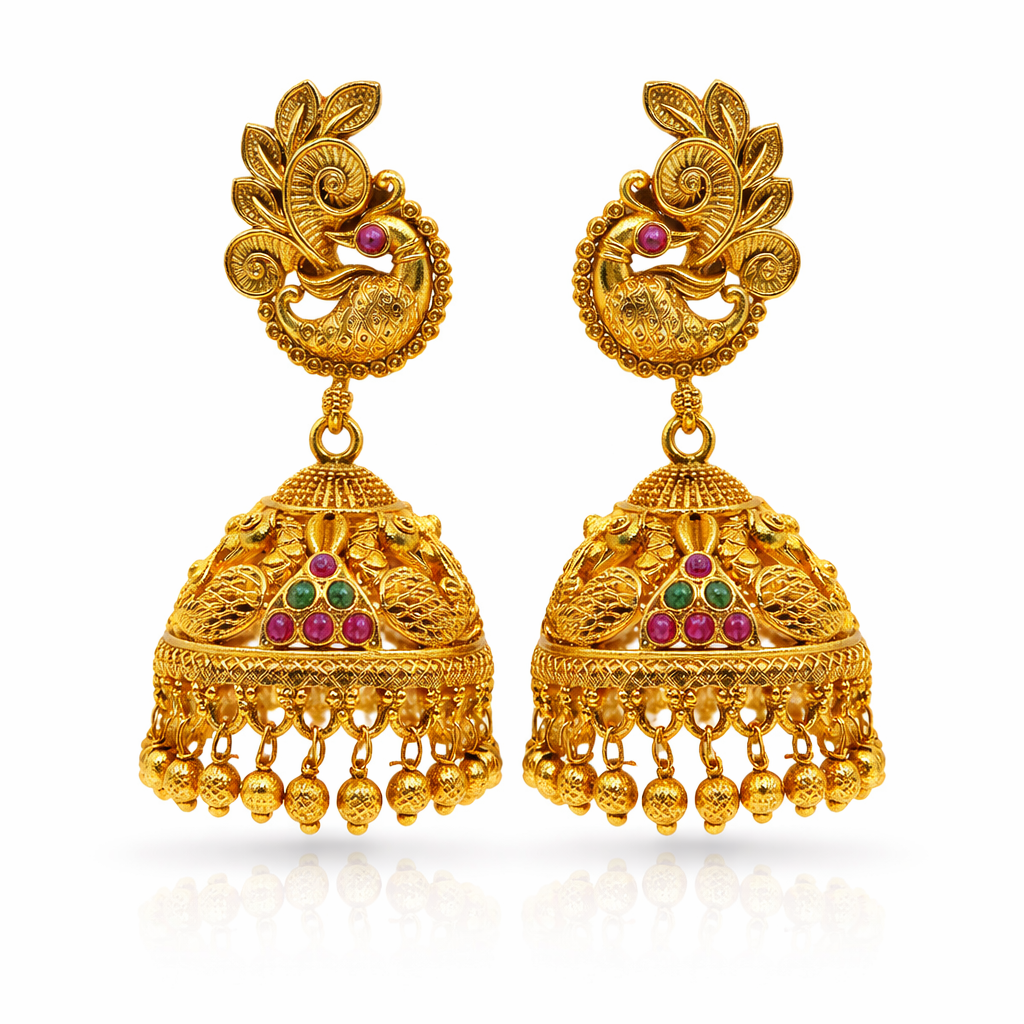 Peacock Temple Ruby Emerald Jhumka