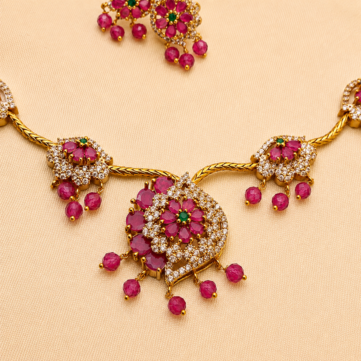 Ruby Pink Floral Necklace Set