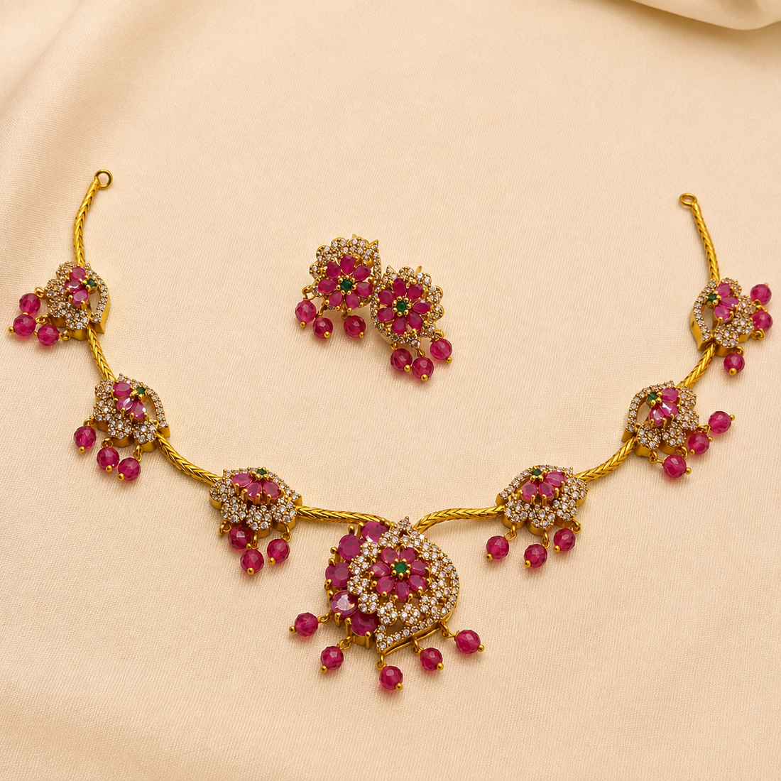 Ruby Pink Floral Necklace Set