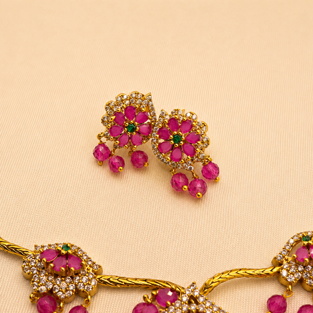Ruby Pink Floral Necklace Set
