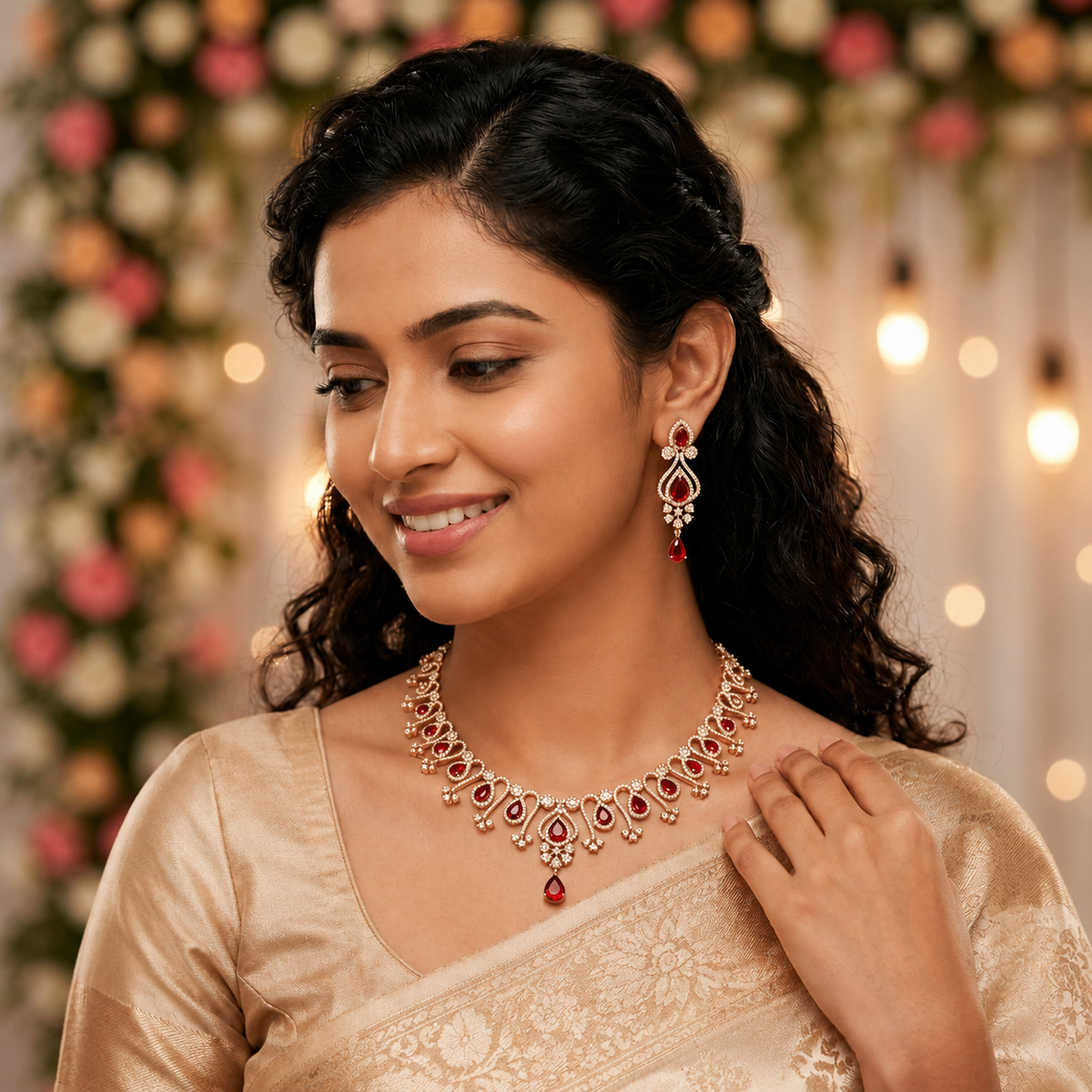 Ruby Teardrop CZ Necklace Set