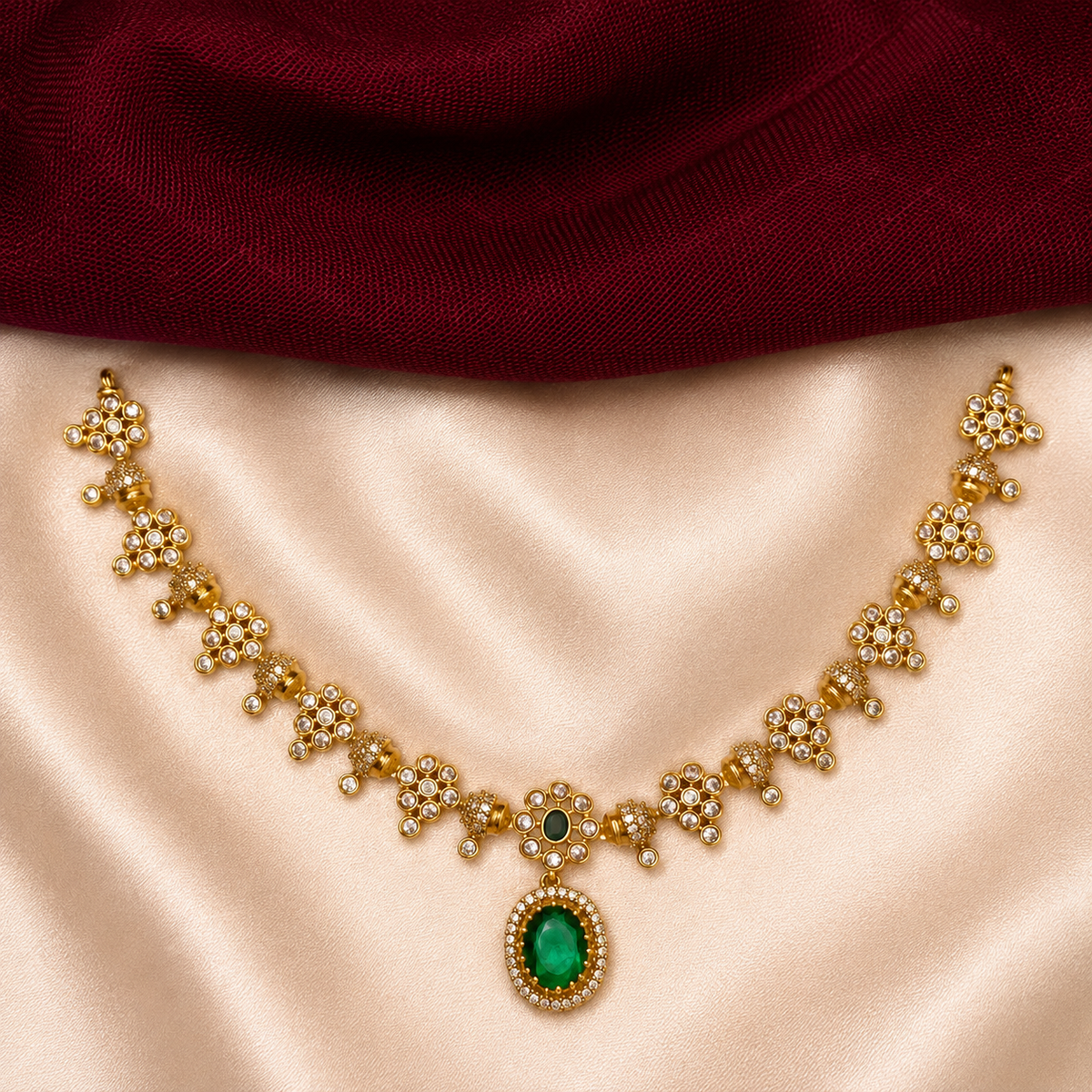 Emerald Green Floral Ball chain CZ Necklace Set