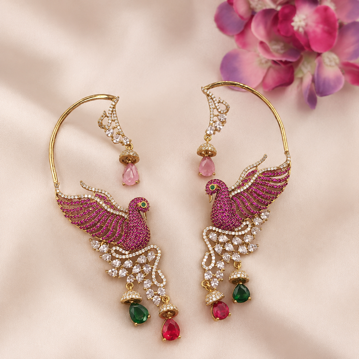 Royal Peacock Pink & Green CZ Earrings