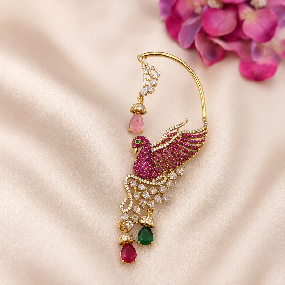 Royal Peacock Pink & Green CZ Earrings
